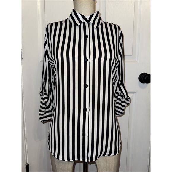Chico’s Women’s Black White Multi Way Stripe Blouse Size 0 US 4-6 Button Up - Picture 1 of 7
